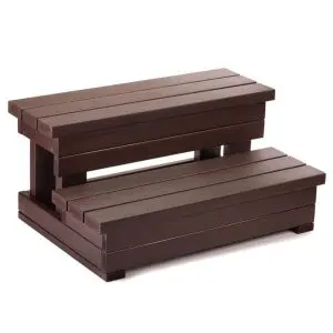 A small, two-step wooden step stool with dark brown slats and a sturdy, rectangular design.