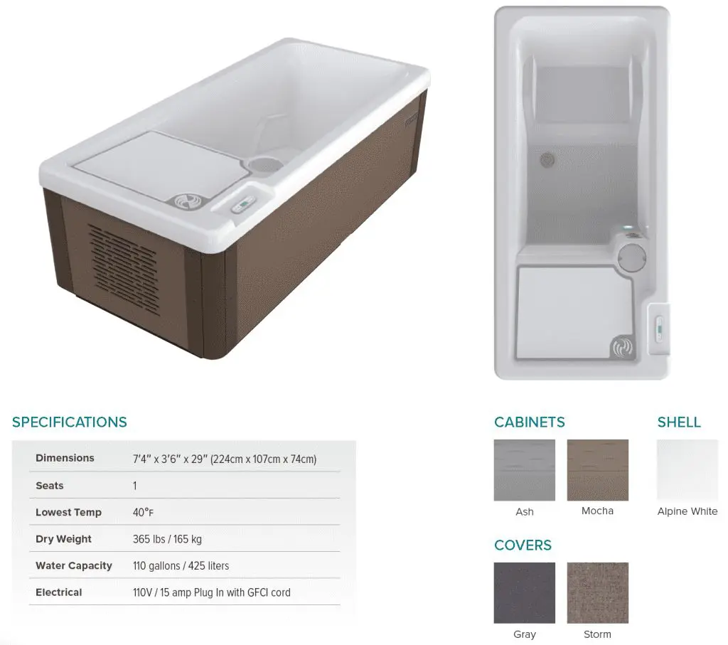 Vigor Cold Plunge by Hot Spring Spas, showcasing specifications for cold immersion therapy, promoting enhanced mood, stress resilience, and muscle recovery.
