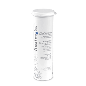 A white cylindrical container labeled freshwater 5-Way Test Strips for testing bromine, chlorine, alkalinity, pH, and total hardness levels in water, with instructions in English, French, and Spanish.