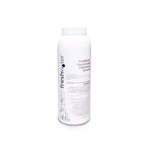 A white plastic container labeled FreshWater Concentrated Chlorinating Granules with blue text and small bubble graphics, used for water treatment or pool maintenance.