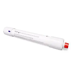 A cylindrical white pre-filter cartridge with a red cap on one end and printed instructions along the side, designed for use in water filtration systems.