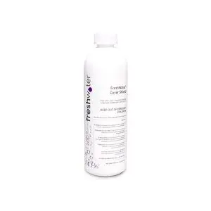 A white bottle labeled FreshWater Cover Shield with safety instructions and purple bubbles graphic on the left side. The bottle has a white cap and stands upright against a plain white background.