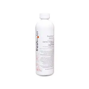A white bottle of FreshWater Defoamer with a white cap, featuring vertical branding and caution instructions on the front label. The bottle is photographed against a plain white background.