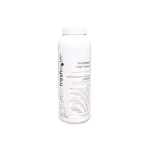 A white bottle labeled FreshWater Filter Cleaner with text and safety warnings printed on the front. The bottle has a white cap and stands against a plain white background.
