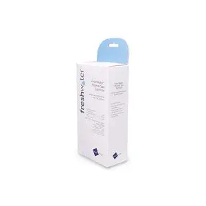 A rectangular white box labeled Freshwater Mineral Spa Sanitizer with blue accents and text, standing upright on a white background.
