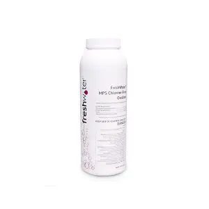 A white bottle labeled FreshWater MPS Chlorine-Free Oxidizer with a white cap, used for hot tub or spa water treatment, is shown against a plain white background.