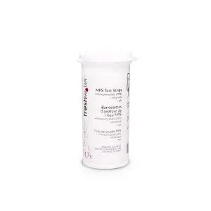 A white cylindrical container labeled freshwater MPS Test Strips with text in English, French, and Spanish, designed for testing water quality. The container is standing upright on a white background.