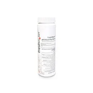 A white cylindrical container labeled FreshWater pH/Alkalinity Down with a screw-on cap, used for balancing water chemistry in spas or pools, displaying product information and safety warnings on the label.