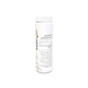 A white cylindrical container labeled FreshWater pH/Alkalinity Up used for adjusting spa or pool water chemistry, with a white screw cap and text details on the front.