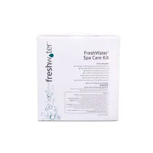 A white box labeled FreshWater Spa Care Kit with blue bubble graphics on the left side. Instructions and warnings are printed on the front of the box.