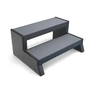 A two-step, gray plastic step stool with textured surfaces and sturdy, ribbed sides, designed for easy climbing or reaching higher areas.