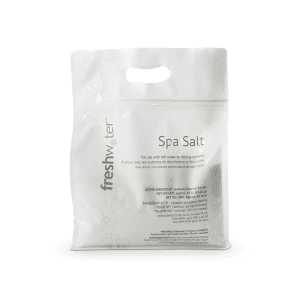 A white plastic bag labeled “freshwater Spa Salt” with a handle cutout at the top. The packaging has product information printed in gray text on the front.