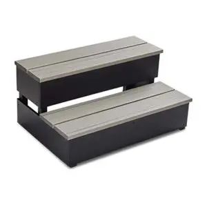 Two-step gray and black plastic step stool with wide, flat treads, designed for easy access or elevation.