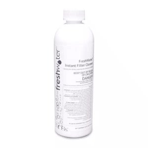 A white bottle labeled FreshWater Instant Filter Cleaner with safety and usage instructions printed on the front. The bottle has a screw cap and a minimalist design with bubbles and text on the side.