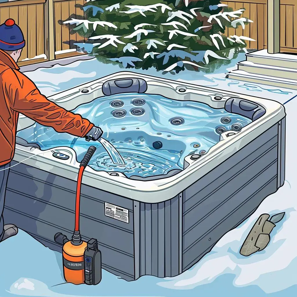 Person draining a hot tub for winterization in a snowy Wisconsin backyard