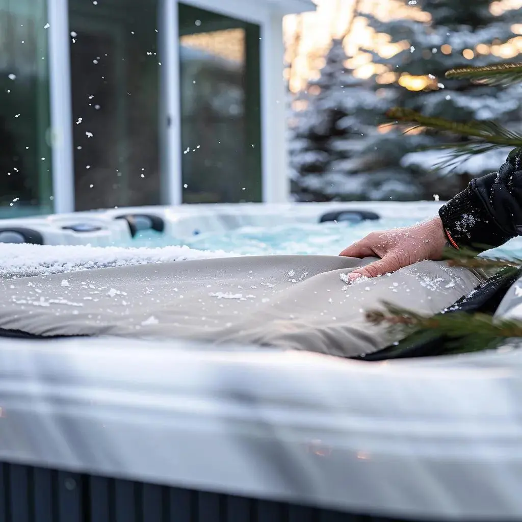 High-quality hot tub cover being placed on a hot tub in a snowy environment
