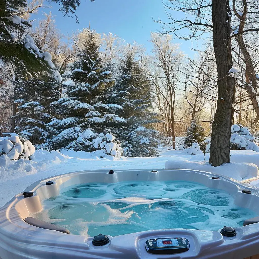 Hot tub in a winter setting, emphasizing maintenance tips for Wisconsin owners