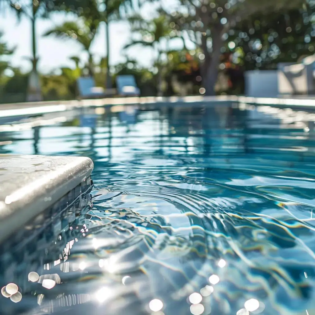 Close-up of a sparkling swimming pool's edge with clear blue water, reflecting sunlight, surrounded by palm trees and lounge chairs, illustrating a serene backyard oasis ideal for Wisconsin homeowners considering fiberglass or vinyl pool options.