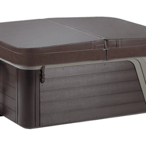 A closed hot tub with a brown insulated cover and a cover lifter attached to the side, set against a plain white background.