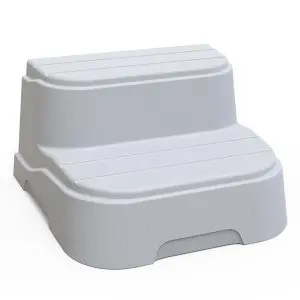 A light gray, two-step plastic stool with rounded edges and horizontal grooves on each step, designed for stability and easy access to higher surfaces.