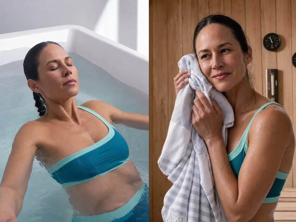 A woman in a blue sports bra relaxes in a tub on the left and dries her face with a towel in a sauna on the right.