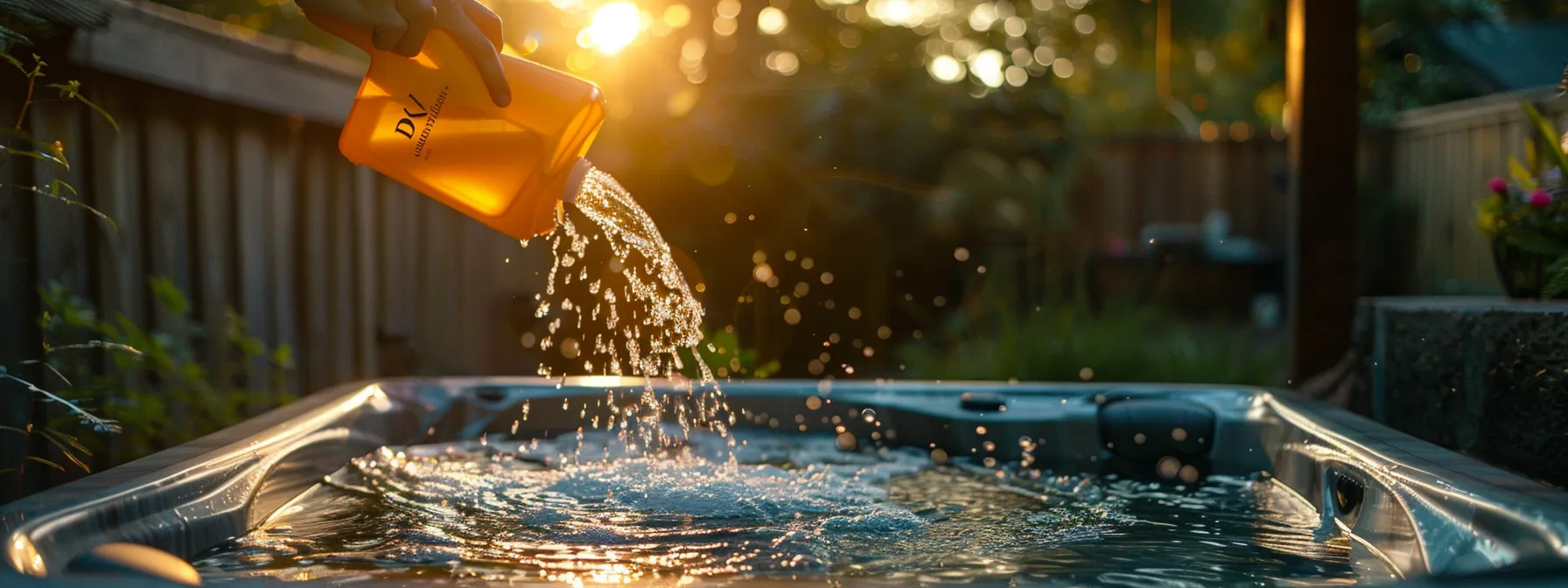 a person pouring cleaning solution into a hot tub in a backyard.