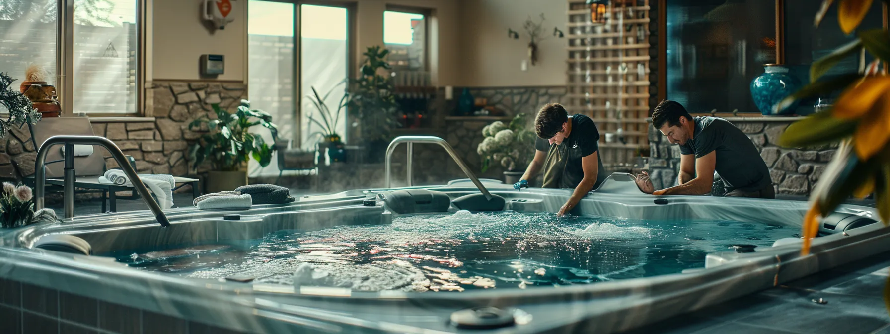 two spa service technicians working on repairing a hot tub at the eau claire spa.