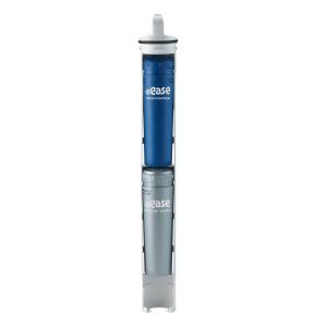 A Frog @ease water care cartridge system featuring a blue mineral cartridge stacked above a silver SmartChlor cartridge, both enclosed in a transparent plastic holder.