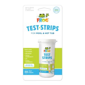 A package of FROG Test Strips for pool and hot tub water, showing a white container with 50 strips inside. The packaging lists tests for chlorine, bromine, alkalinity, pH, and hardness.