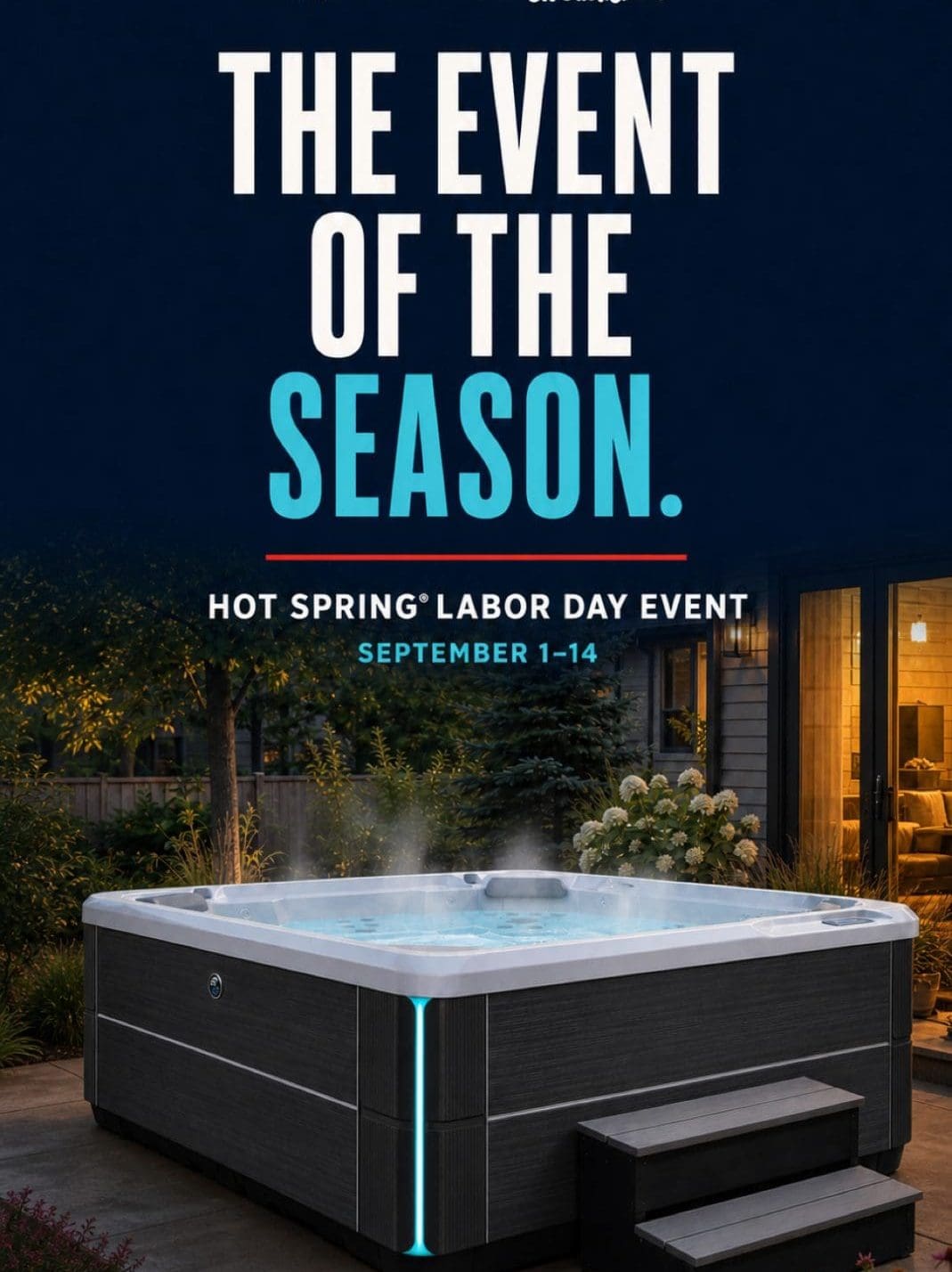 Outdoor hot tub glowing at night on a patio, surrounded by plants. Text promotes Poolmans Hot Spring Labor Day Event, September 1-14, with special event promotions and a button for event details.