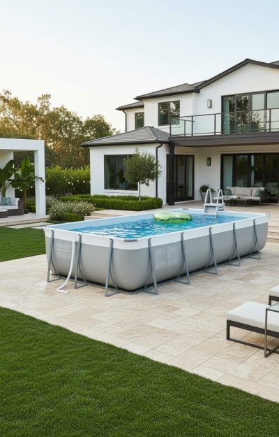 A modern backyard with an above-ground pool, lounge chairs, green grass, potted plants, and a white two-story house in the background. A shaded seating area is visible to the left.
