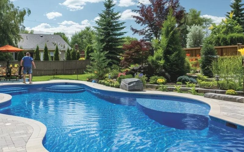A backyard with a curvy, in-ground swimming pool surrounded by paver stones, landscaped with various trees and shrubs; a person stands near the pool on a sunny day with a blue sky and scattered clouds.