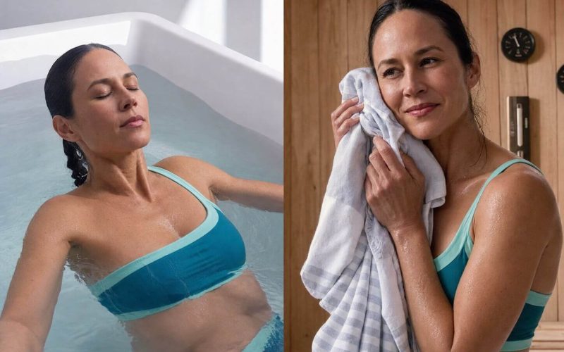 A woman in a blue sports bra relaxes in a tub on the left and dries her face with a towel in a sauna on the right.