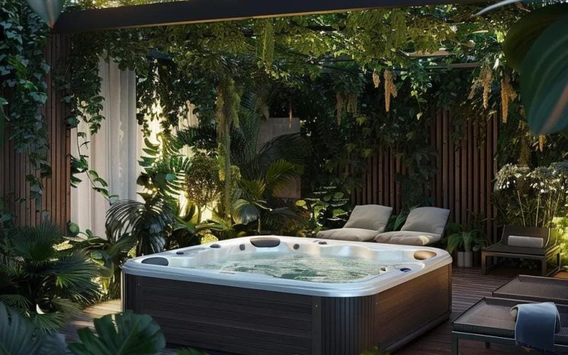 A modern hot tub with bubbling water sits on a wooden deck in a lush, tropical garden. Two lounge chairs are nearby, surrounded by dense green plants and partially shaded by a pergola.