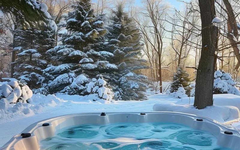 A steaming hot tub sits outdoors surrounded by snow-covered trees and bushes on a clear winter day, with sunlight filtering through the trees.